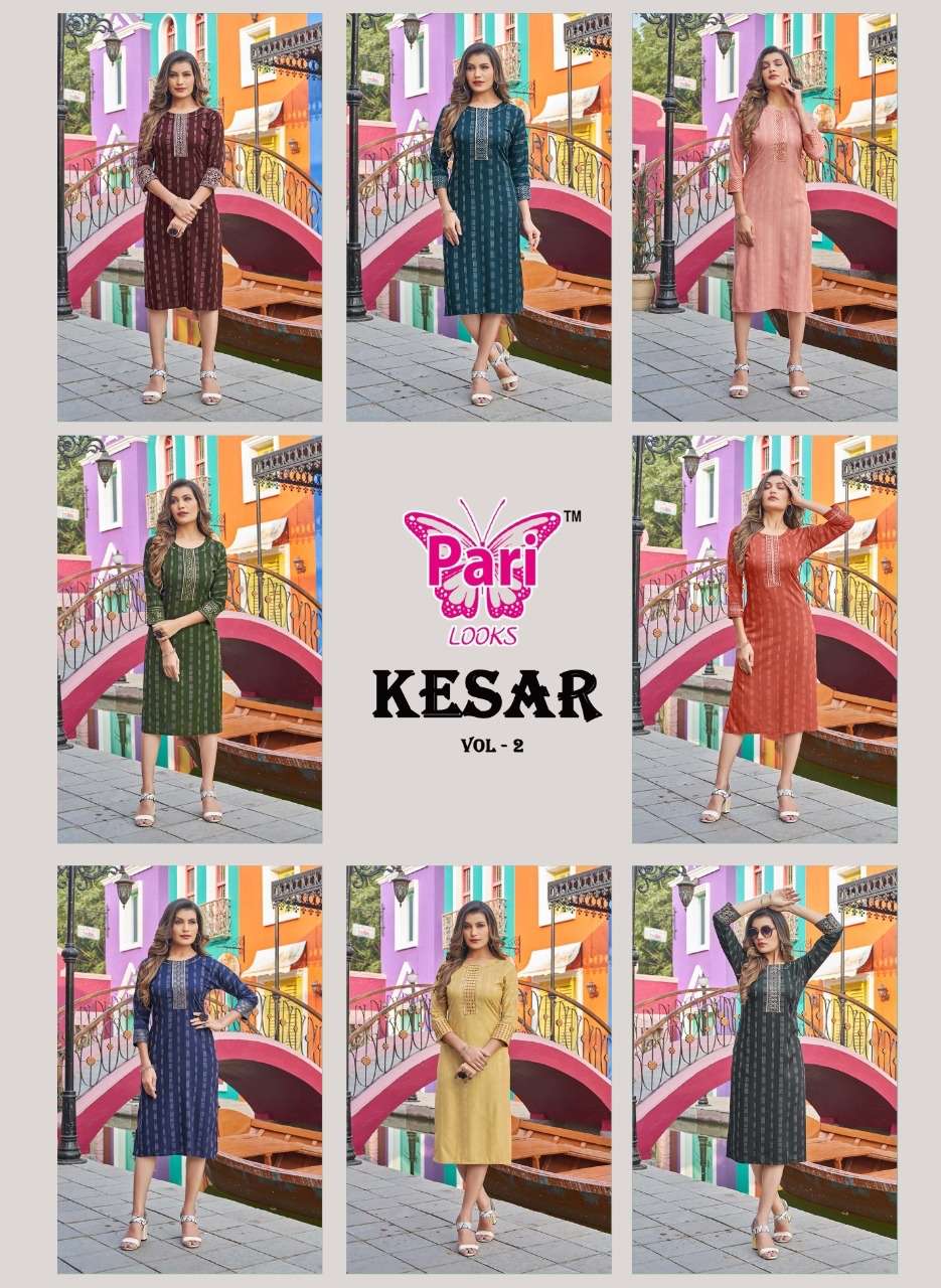 KESAR VOL-2 BY PARI 1001 TO 1008 SERIES DESIGNER STYLISH FANCY COLORFUL BEAUTIFUL PARTY WEAR & ETHNIC WEAR COLLECTION RAYON WITH WORK KURTIS AT WHOLESALE PRICE