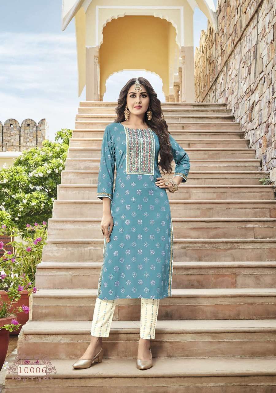 LABEL VOL-10 BY KAJAL STYLE 10001 TO 10010 SERIES BEAUTIFUL STYLISH FANCY COLORFUL CASUAL WEAR & ETHNIC WEAR RAYON KURTIS WITH BOTTOM AT WHOLESALE PRICE