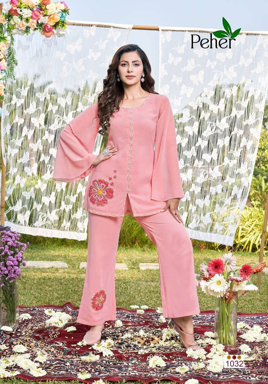 DESI GIRL BY PEHER 1032 TO 1036 SERIES BEAUTIFUL COLORFUL STYLISH FANCY CASUAL WEAR & READY TO WEAR GEORGETTE TOPS WITH BOTTOM AT WHOLESALE PRICE
