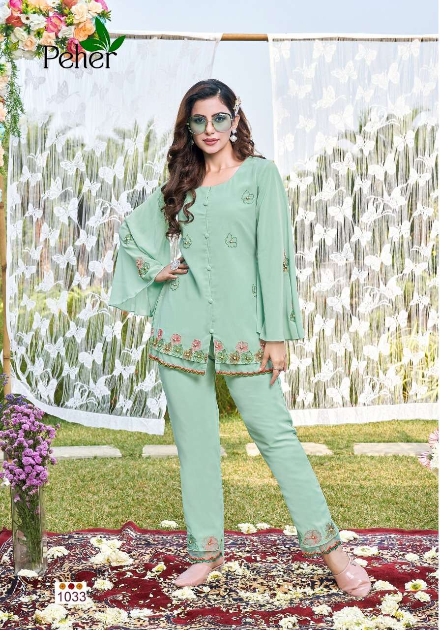DESI GIRL BY PEHER 1032 TO 1036 SERIES BEAUTIFUL COLORFUL STYLISH FANCY CASUAL WEAR & READY TO WEAR GEORGETTE TOPS WITH BOTTOM AT WHOLESALE PRICE