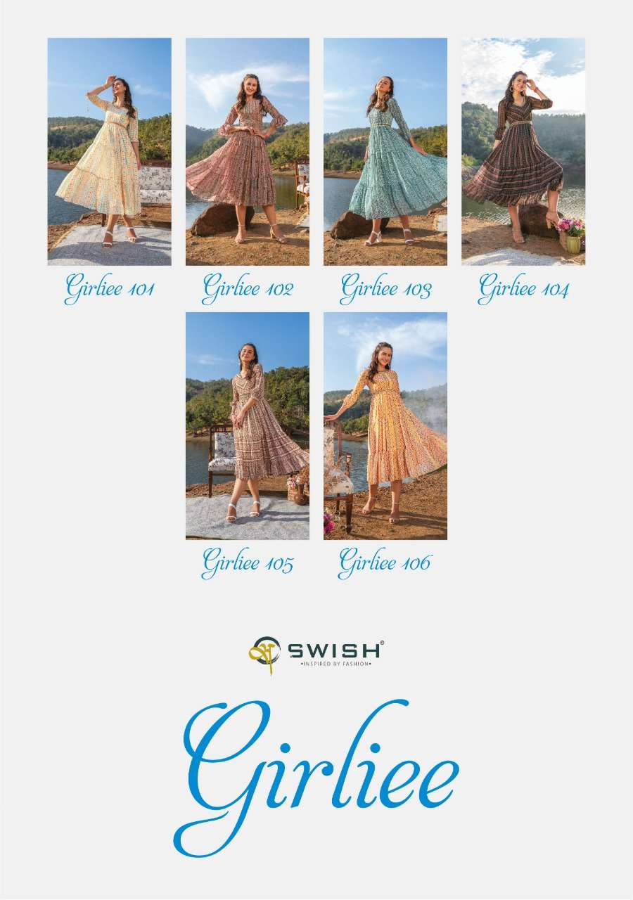 GIRLIEE BY SWISH 101 TO 106 SERIES STYLISH FANCY COLORFUL BEAUTIFUL PARTY WEAR & ETHNIC WEAR COLLECTION VISCOSE GEORGETTE KURTIS AT WHOLESALE PRICE