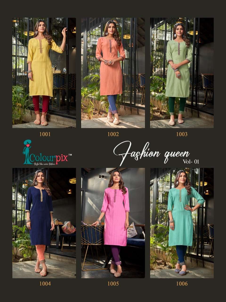 FASHION QUEEN VOL-1 BY COLOURPIX 1001 TO 1006 SERIES DESIGNER STYLISH FANCY COLORFUL BEAUTIFUL PARTY WEAR & ETHNIC WEAR COLLECTION RAYON LYCRA KURTIS WITH BOTTOM AT WHOLESALE PRICE
