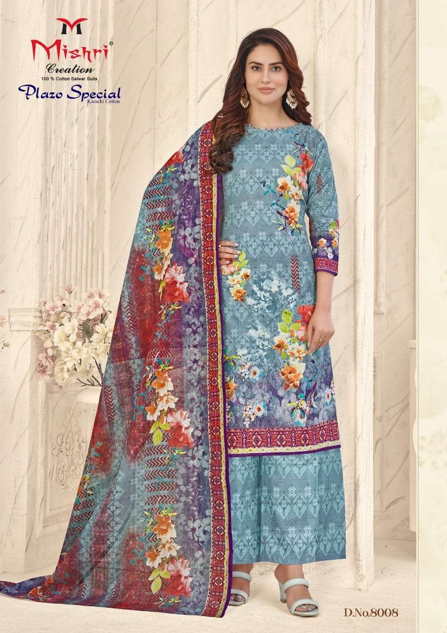 PLAZO SPECIAL VOL-8 BY MISHRI 8001 TO 8010 SERIES BEAUTIFUL SUITS COLORFUL STYLISH FANCY CASUAL WEAR & ETHNIC WEAR HEAVY COTTON PRINT DRESSES AT WHOLESALE PRICE