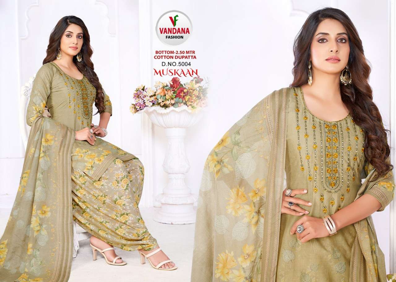 MUSKAAN VOL-5 BY VANDANA 5001 TO 5012 SERIES BEAUTIFUL SUITS COLORFUL STYLISH FANCY CASUAL WEAR & ETHNIC WEAR HEAVY COTTON PRINT DRESSES AT WHOLESALE PRICE