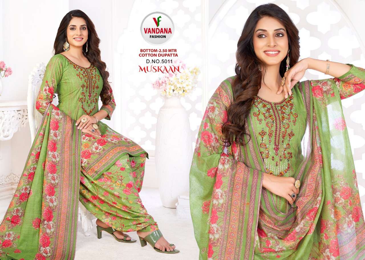 MUSKAAN VOL-5 BY VANDANA 5001 TO 5012 SERIES BEAUTIFUL SUITS COLORFUL STYLISH FANCY CASUAL WEAR & ETHNIC WEAR HEAVY COTTON PRINT DRESSES AT WHOLESALE PRICE