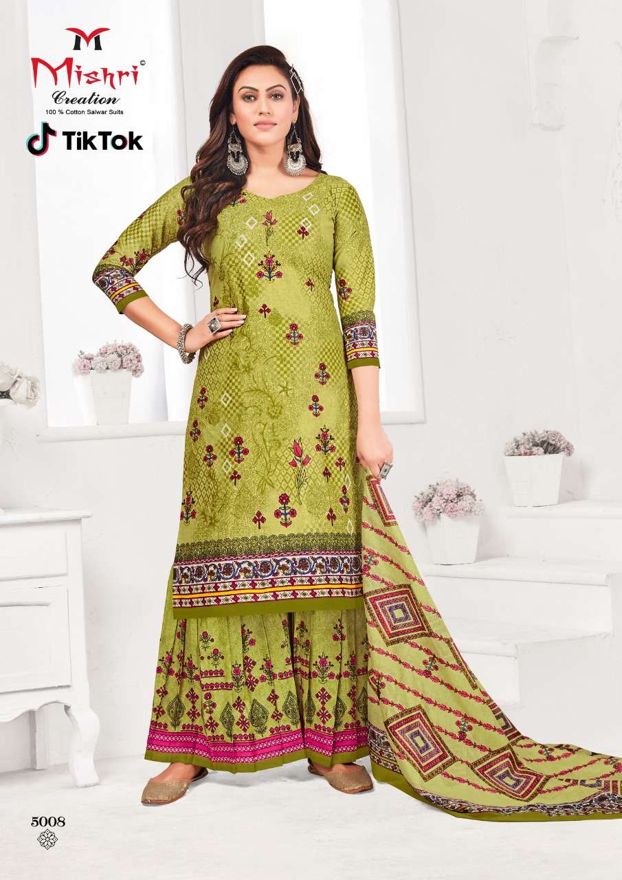 TIK TOK VOL-5 BY MISHRI CREATION 5001 TO 5010 SERIES BEAUTIFUL STYLISH SUITS FANCY COLORFUL CASUAL WEAR & ETHNIC WEAR & READY TO WEAR HEAVY COTTON PRINTED DRESSES AT WHOLESALE PRICE