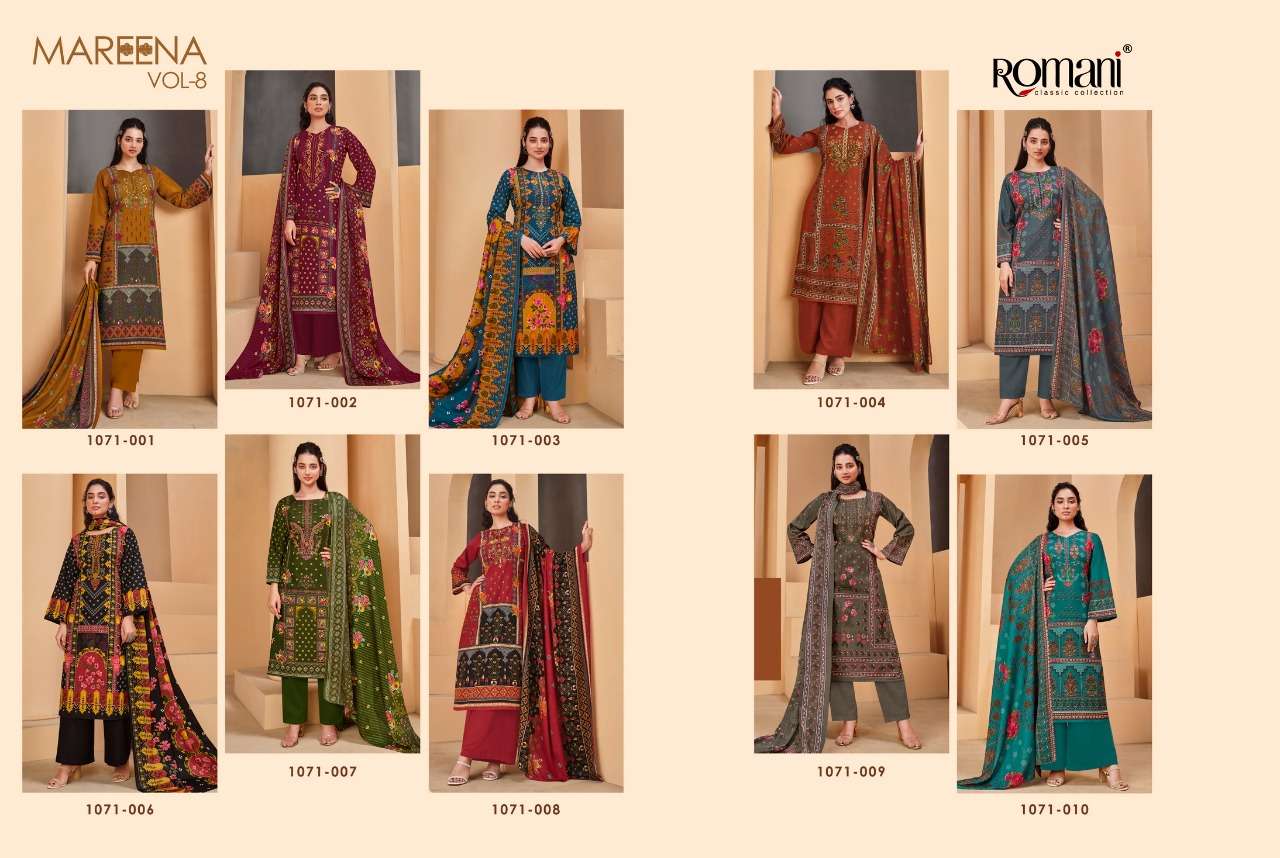 MAREENA VOL-8 BY ROMANI 1071-001 TO 1071-010 SERIES SUITS BEAUTIFUL FANCY COLORFUL STYLISH PARTY WEAR & OCCASIONAL WEAR SOFT COTTON PRINT DRESSES AT WHOLESALE PRICE