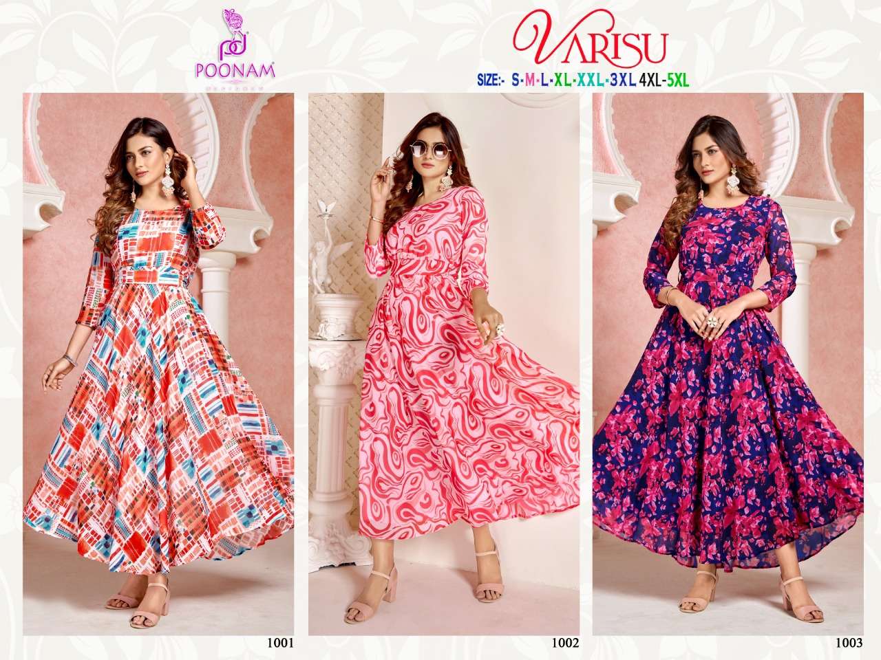 VARISU BY POONAM DESIGNER 1001 TO 1003 SERIES DESIGNER WEAR COLLECTION BEAUTIFUL STYLISH FANCY COLORFUL PARTY WEAR & OCCASIONAL WEAR GEORGETTE GOWNS AT WHOLESALE PRICE