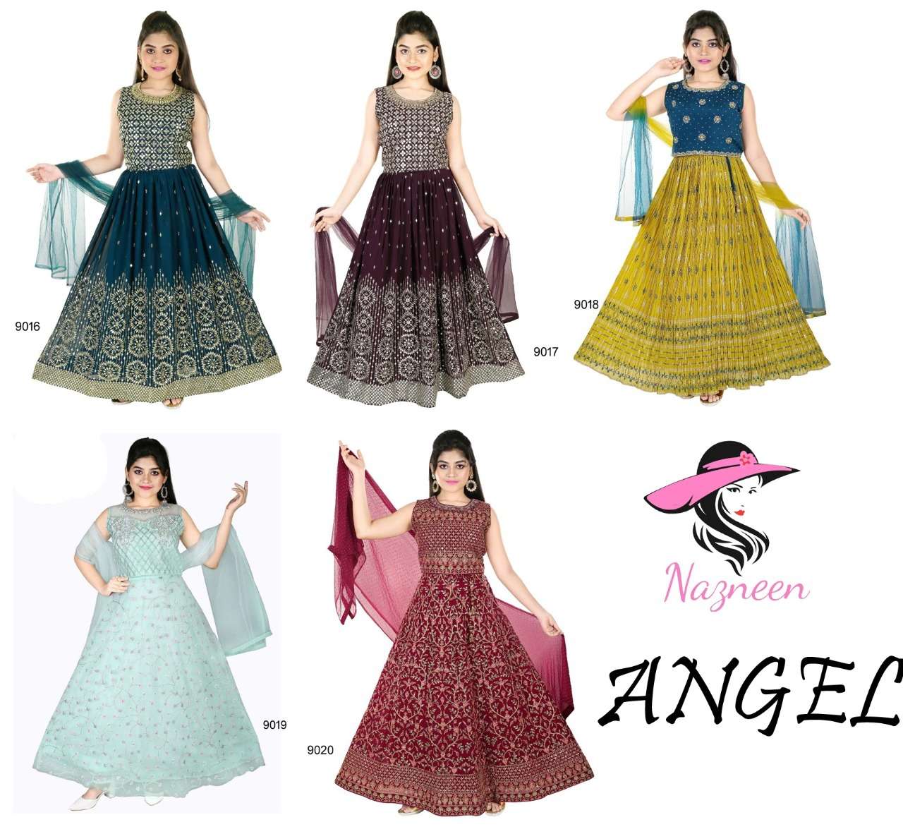 ANGEL 9016 SERIES BY NAZNEEN 9016 TO 9020 SERIES DESIGNER WEAR COLLECTION BEAUTIFUL STYLISH FANCY COLORFUL PARTY WEAR & OCCASIONAL WEAR GEORGETTE/CHINNON/NET GOWNS WITH DUPATTA AT WHOLESALE PRICE