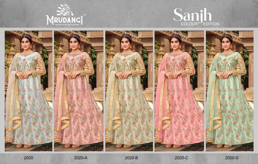 Sanjh 2020 Colours By Mrudangi 2020 To 2020-D Series Beautiful Stylish Anarkali Suits Fancy Colorful Casual Wear & Ethnic Wear & Ready To Wear Heavy Butterfly Net Embroidered Dresses At Wholesale Price