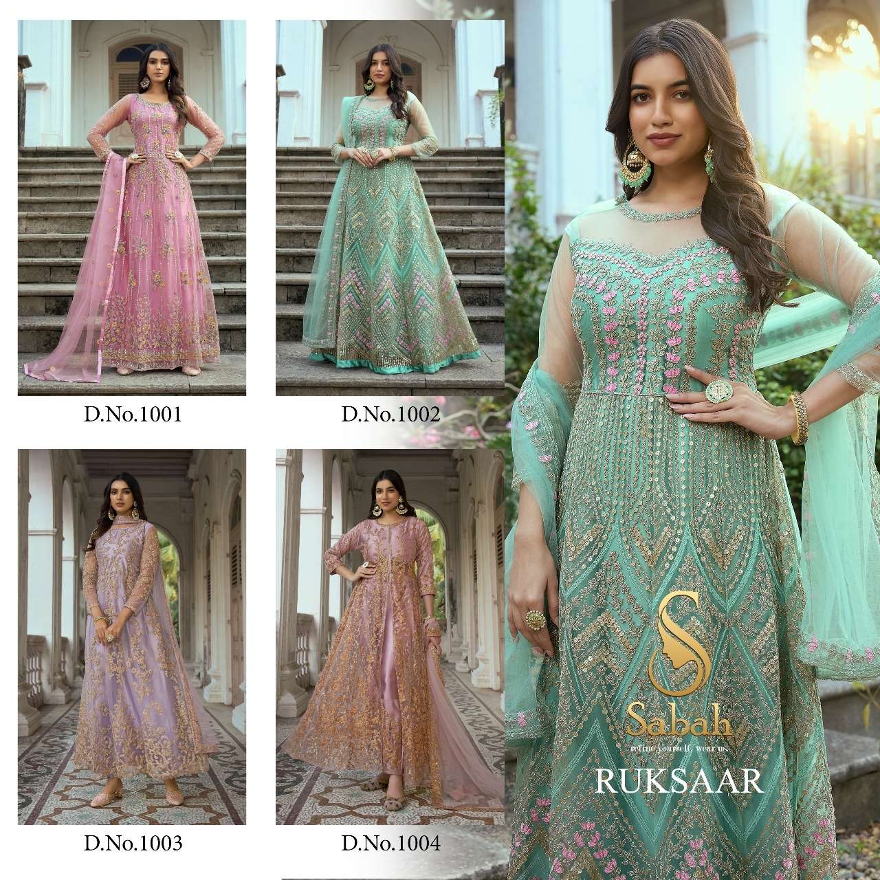 Ruksaar By Sabah 1001 To 1004 Series Designer Anarkali Suits Beautiful Fancy Colorful Stylish Party Wear & Occasional Wear Heavy Net Dresses At Wholesale Price