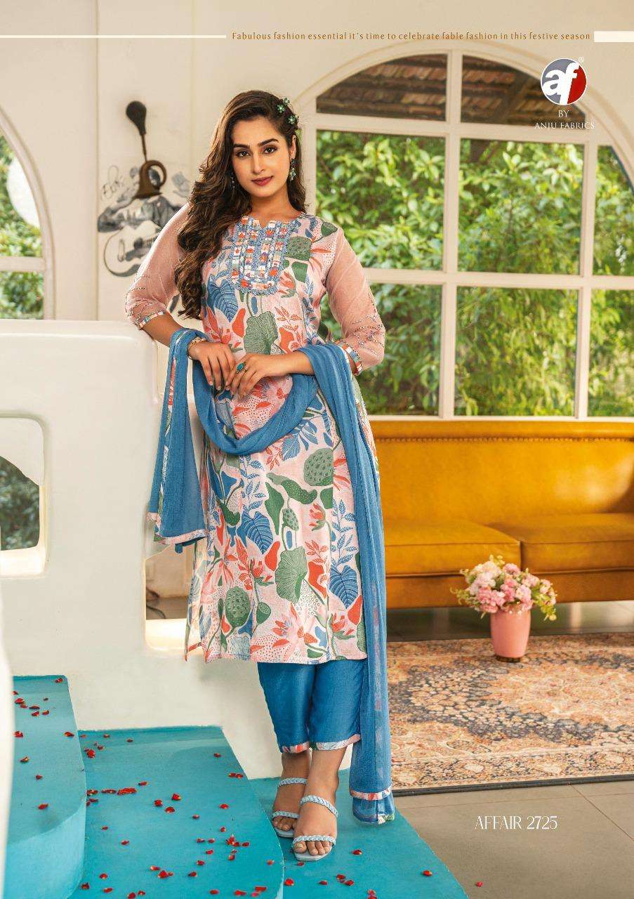 Affair By Anju Fabrics 2721 To 2726 Series Beautiful Suits Colorful Stylish Fancy Casual Wear & Ethnic Wear Viscose Satin Silk Dresses At Wholesale Price