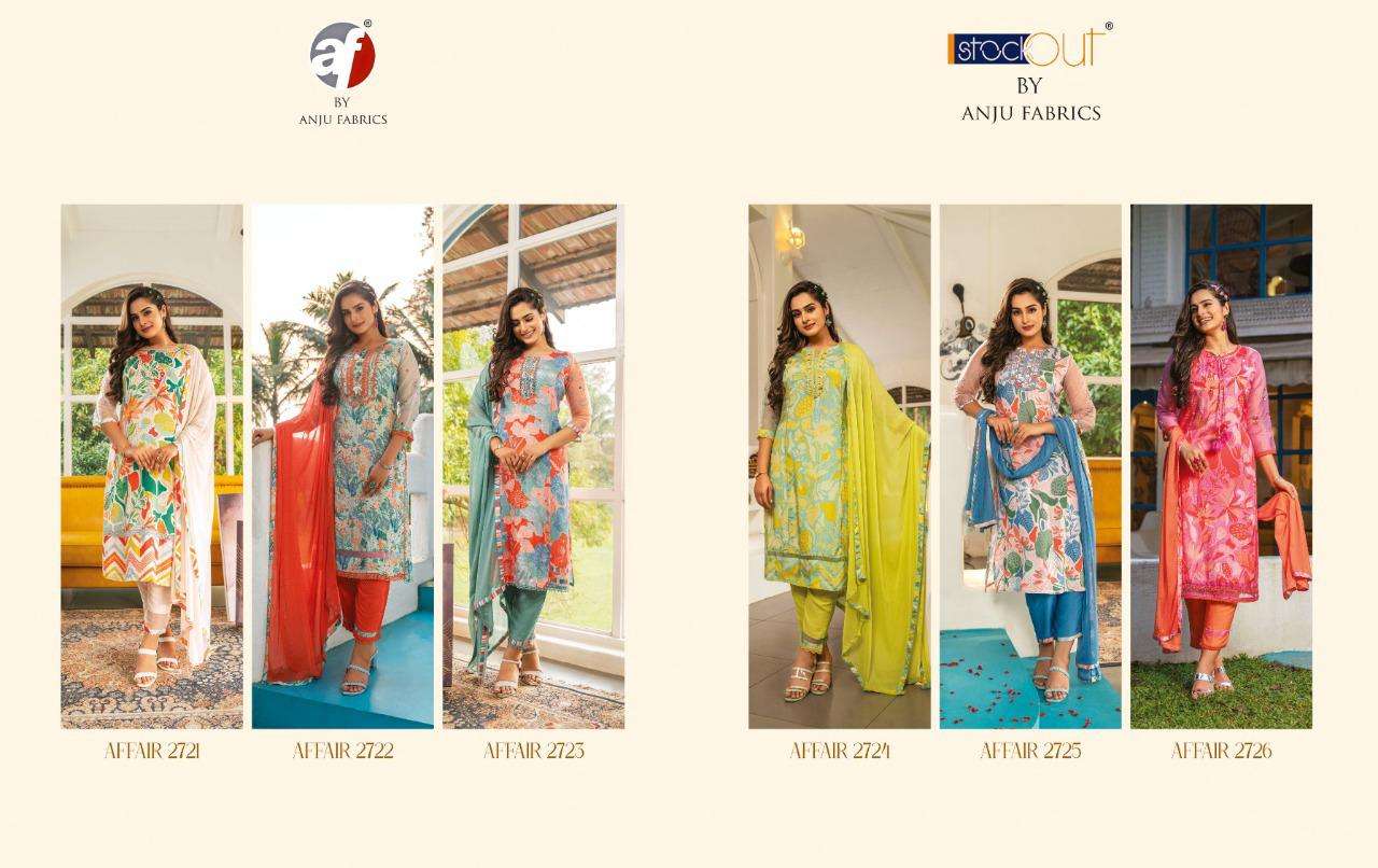 Affair By Anju Fabrics 2721 To 2726 Series Beautiful Suits Colorful Stylish Fancy Casual Wear & Ethnic Wear Viscose Satin Silk Dresses At Wholesale Price
