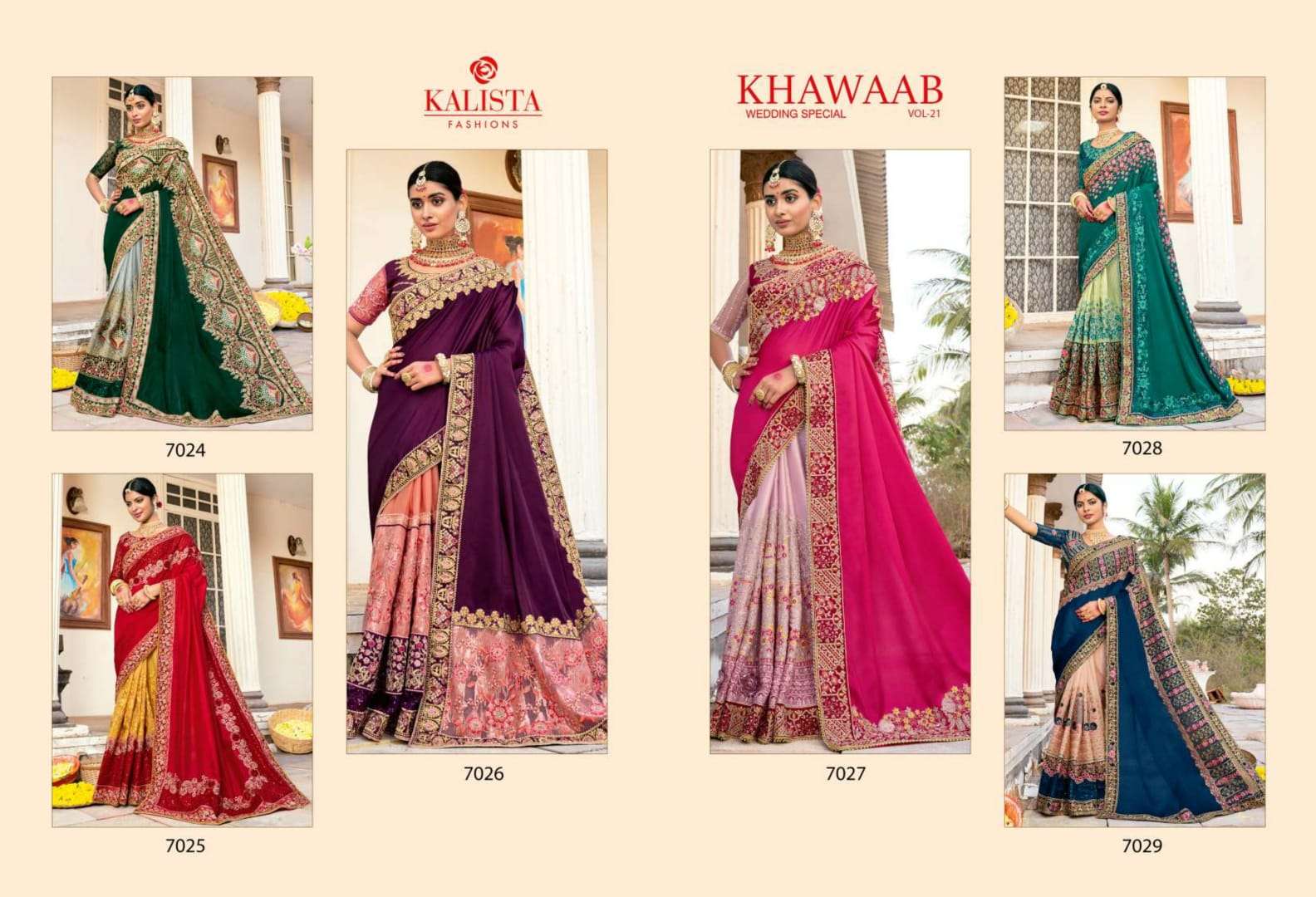 KHAWAAB VOL-21 BY KALISTA FASHION 7024 TO 7029 SERIES INDIAN TRADITIONAL WEAR COLLECTION BEAUTIFUL STYLISH FANCY COLORFUL PARTY WEAR & OCCASIONAL WEAR FANCY SAREES AT WHOLESALE PRICE