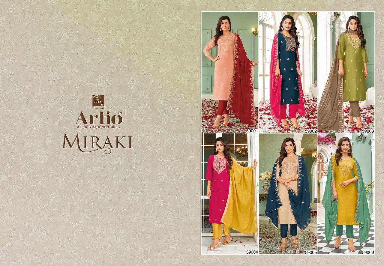 MIRAKI BY ARTIO 59001 TO 59006 SERIES BEAUTIFUL FESTIVE SUITS COLORFUL STYLISH FANCY CASUAL WEAR & ETHNIC WEAR SILK WITH WORK DRESSES AT WHOLESALE PRICE