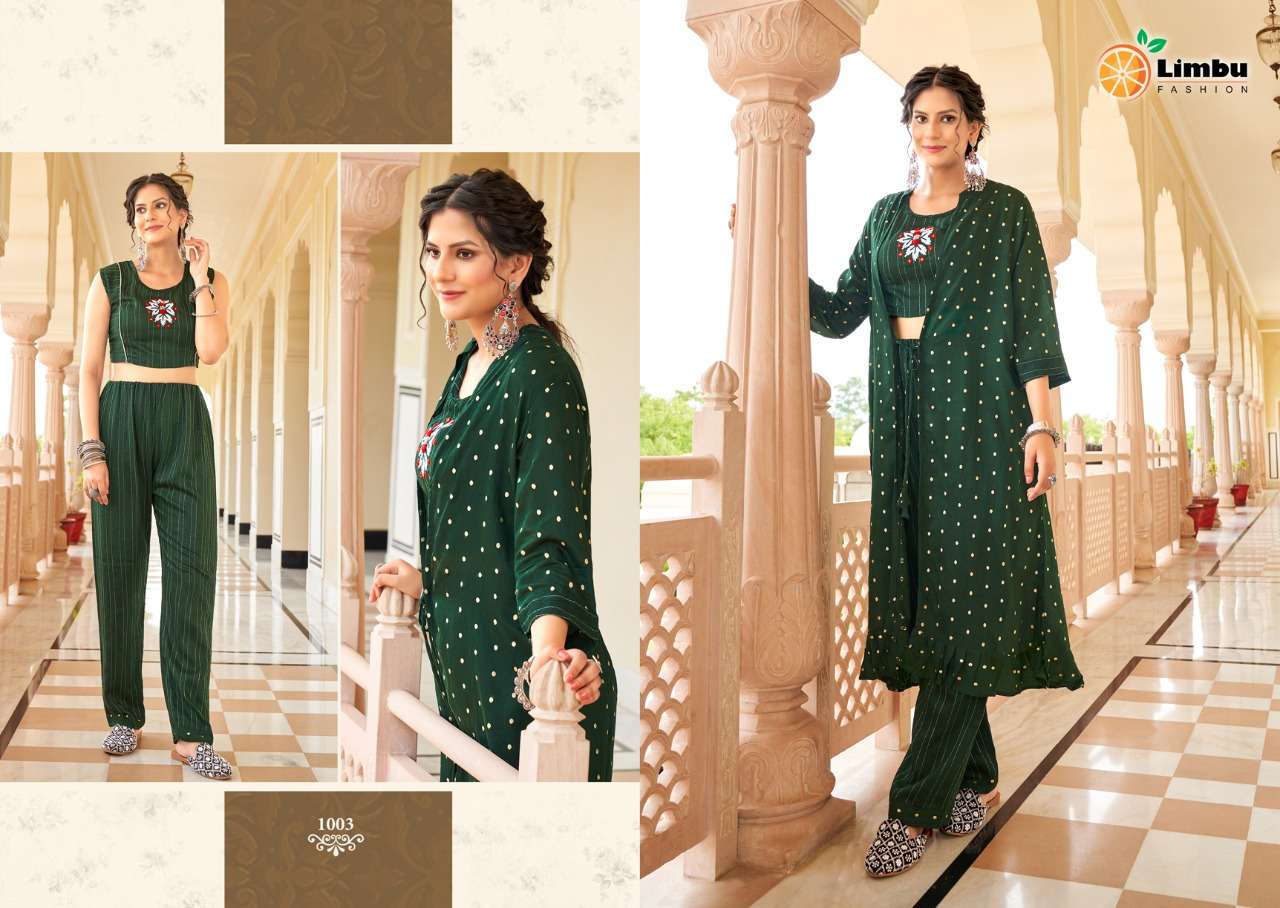 SARAG BY LIMBU FASHION 1001 TO 1005 SERIES BEAUTIFUL STYLISH FANCY COLORFUL CASUAL WEAR & ETHNIC WEAR DYBLE TOPS WITH BOTTOM AT WHOLESALE PRICE