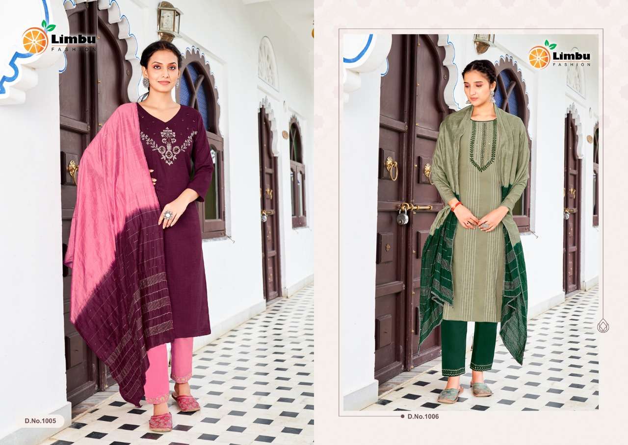 ARIANNA BY LIMBU FASHION 1001 TO 1007 SERIES BEAUTIFUL SUITS COLORFUL STYLISH FANCY CASUAL WEAR & ETHNIC WEAR CHINNON EMBROIDERED DRESSES AT WHOLESALE PRICE