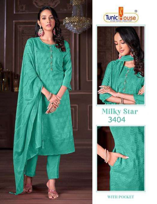 MILKY STAR BY TUNIC HOUSE 3401 TO 3414 SERIES BEAUTIFUL SUITS COLORFUL STYLISH FANCY CASUAL WEAR & ETHNIC WEAR VISCOSE SILK EMBROIDERED DRESSES AT WHOLESALE PRICE