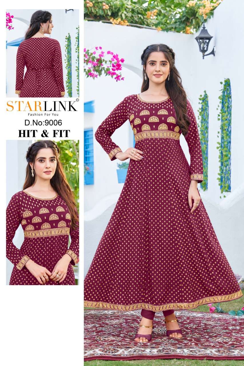 HIT AND FIT BY STARLINK 9001 TO 9012 SERIES BEAUTIFUL STYLISH FANCY COLORFUL CASUAL WEAR & ETHNIC WEAR RAYON SLUB PRINT GOWNS AT WHOLESALE PRICE