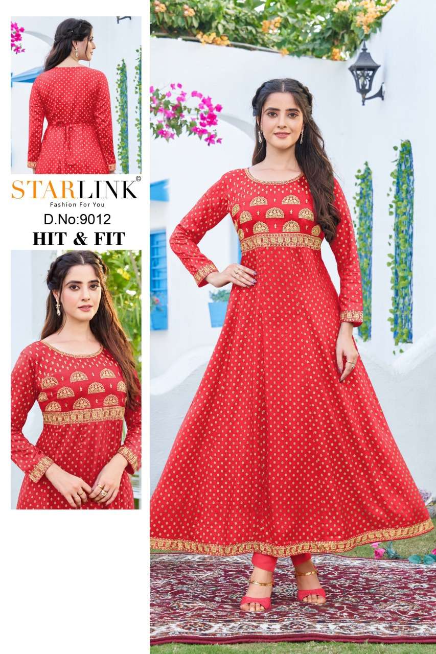 HIT AND FIT BY STARLINK 9001 TO 9012 SERIES BEAUTIFUL STYLISH FANCY COLORFUL CASUAL WEAR & ETHNIC WEAR RAYON SLUB PRINT GOWNS AT WHOLESALE PRICE
