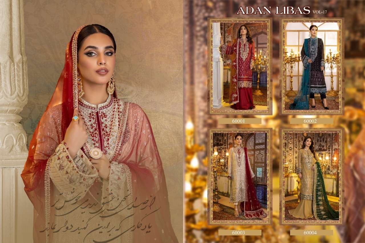 ADAN LIBAS VOL-17 BY RINAZ FASHION 60001 TO 60004 SERIES BEAUTIFUL STYLISH PAKISTANI SUITS FANCY COLORFUL CASUAL WEAR & ETHNIC WEAR & READY TO WEAR PURE JAM SILK EMBROIDERY DRESSES AT WHOLESALE PRICE