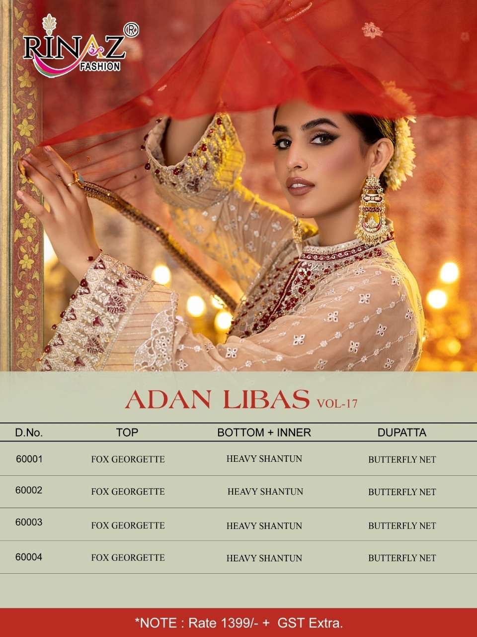 ADAN LIBAS VOL-17 BY RINAZ FASHION 60001 TO 60004 SERIES BEAUTIFUL STYLISH PAKISTANI SUITS FANCY COLORFUL CASUAL WEAR & ETHNIC WEAR & READY TO WEAR PURE JAM SILK EMBROIDERY DRESSES AT WHOLESALE PRICE