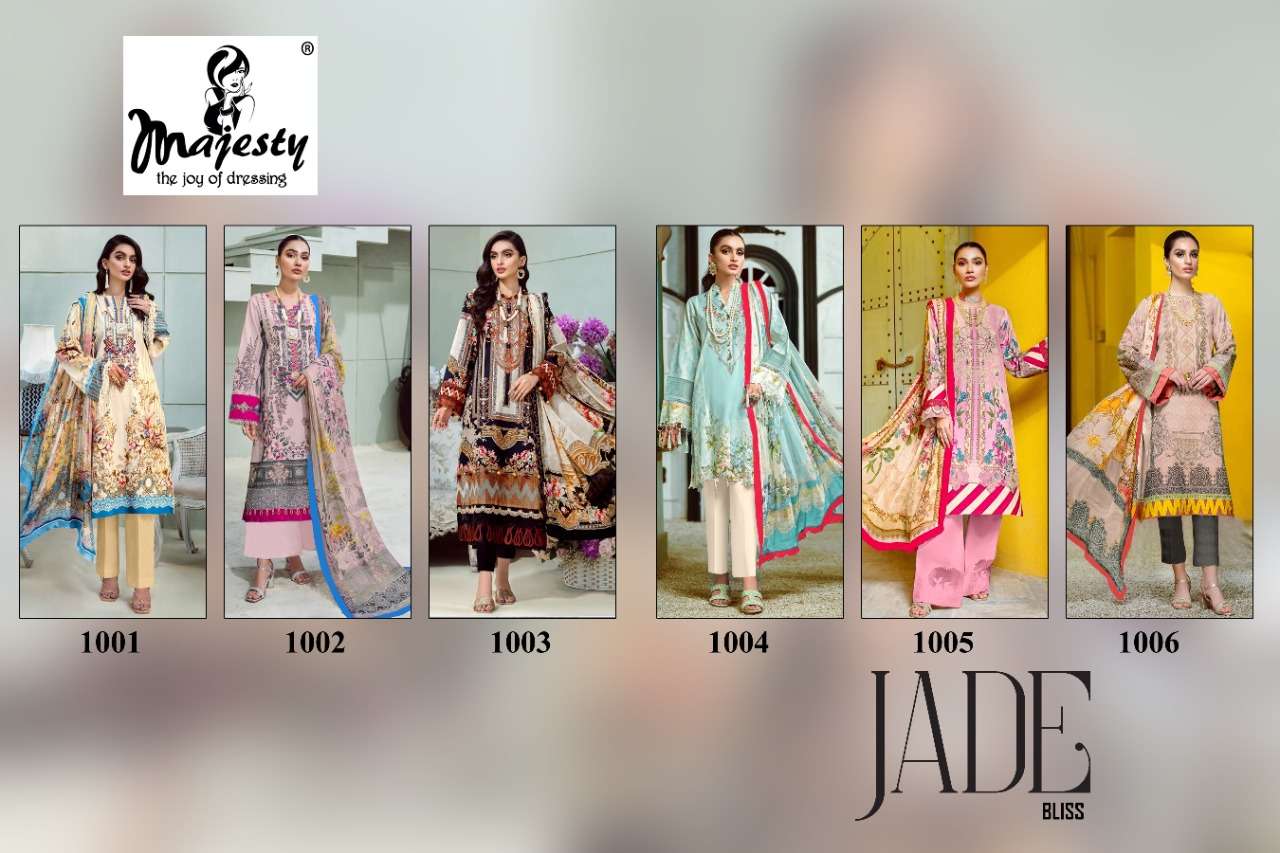 JADE BLISS BY MAJESTY 1001 TO 1006 SERIES BEAUTIFUL PAKISTANI SUITS COLORFUL STYLISH FANCY CASUAL WEAR & ETHNIC WEAR PURE COTTON DRESSES AT WHOLESALE PRICE