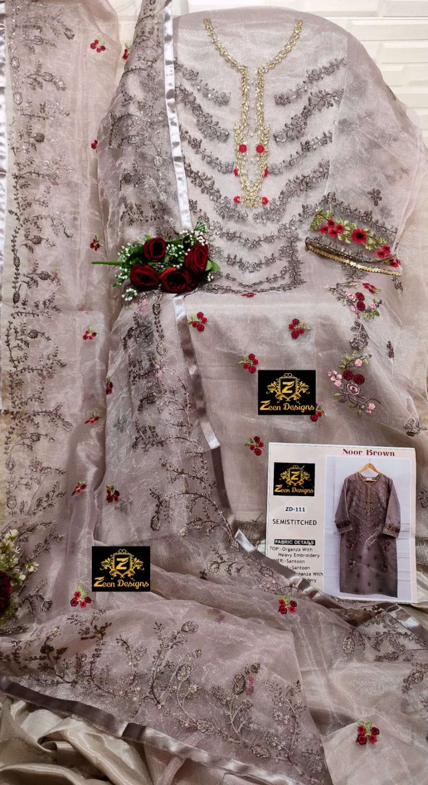 Noor Brown By Zeen Designs Beautiful Stylish Pakistani Suits Fancy Colorful Casual Wear & Ethnic Wear & Ready To Wear Organza Embroidery Dresses At Wholesale Price