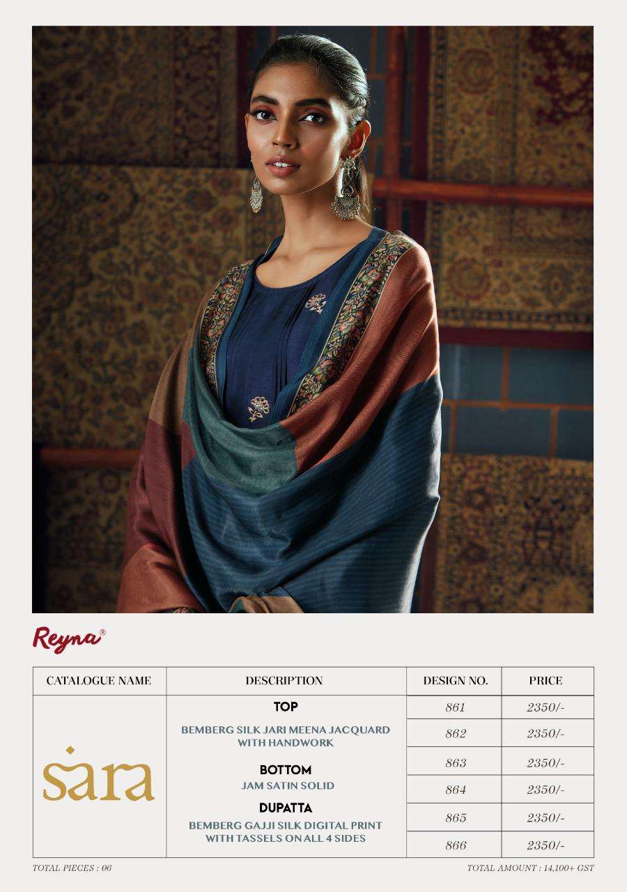 SARA BY REYNA 861 TO 866 SERIES BEAUTIFUL SUITS COLORFUL STYLISH FANCY CASUAL WEAR & ETHNIC WEAR BEMBERG SILK DRESSES AT WHOLESALE PRICE