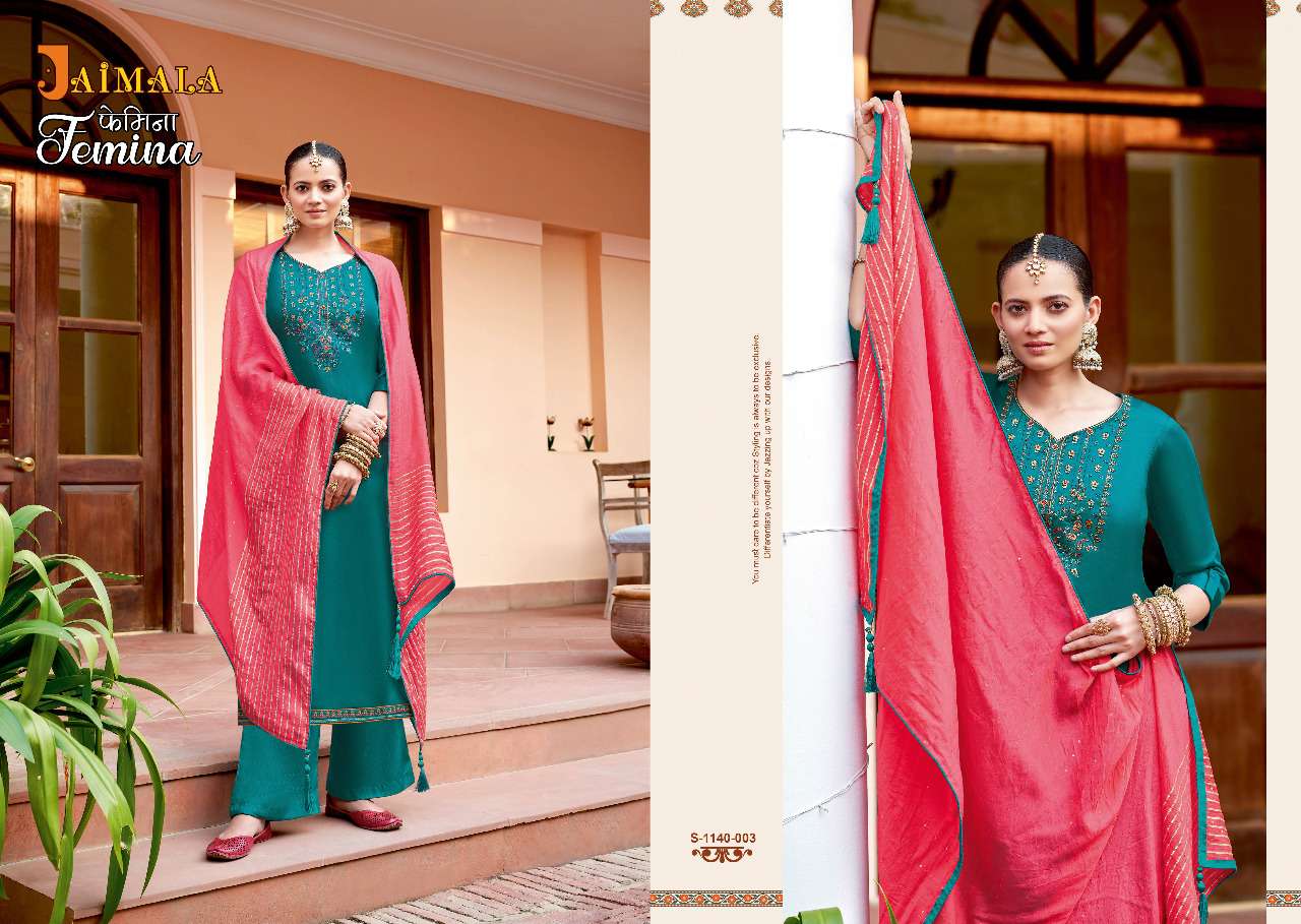 FEMINA BY JAIMALA 1140-001 TO 1140-006 SERIES BEAUTIFUL SUITS COLORFUL STYLISH FANCY CASUAL WEAR & ETHNIC WEAR PURE JAM SOLID DRESSES AT WHOLESALE PRICE