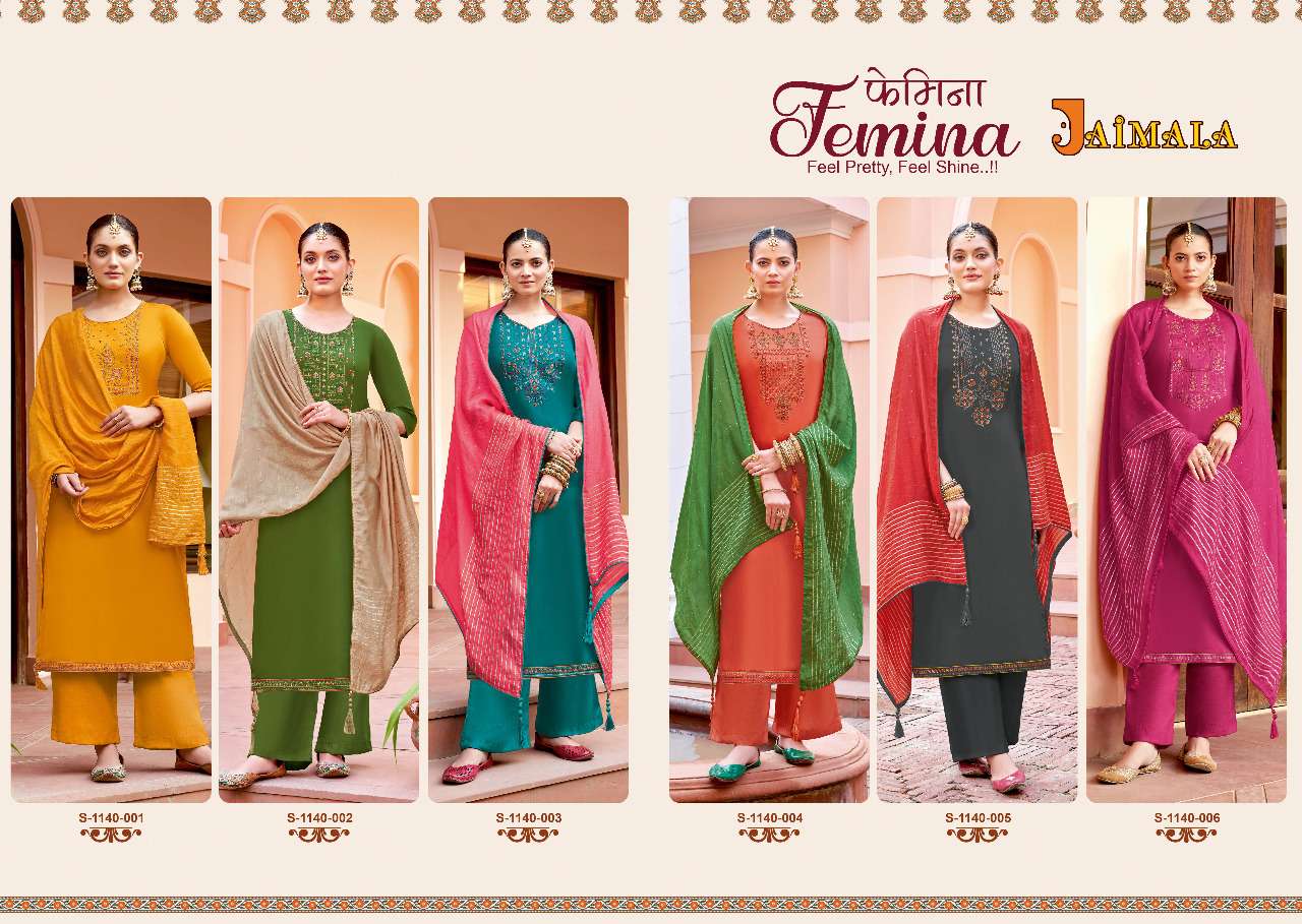 FEMINA BY JAIMALA 1140-001 TO 1140-006 SERIES BEAUTIFUL SUITS COLORFUL STYLISH FANCY CASUAL WEAR & ETHNIC WEAR PURE JAM SOLID DRESSES AT WHOLESALE PRICE