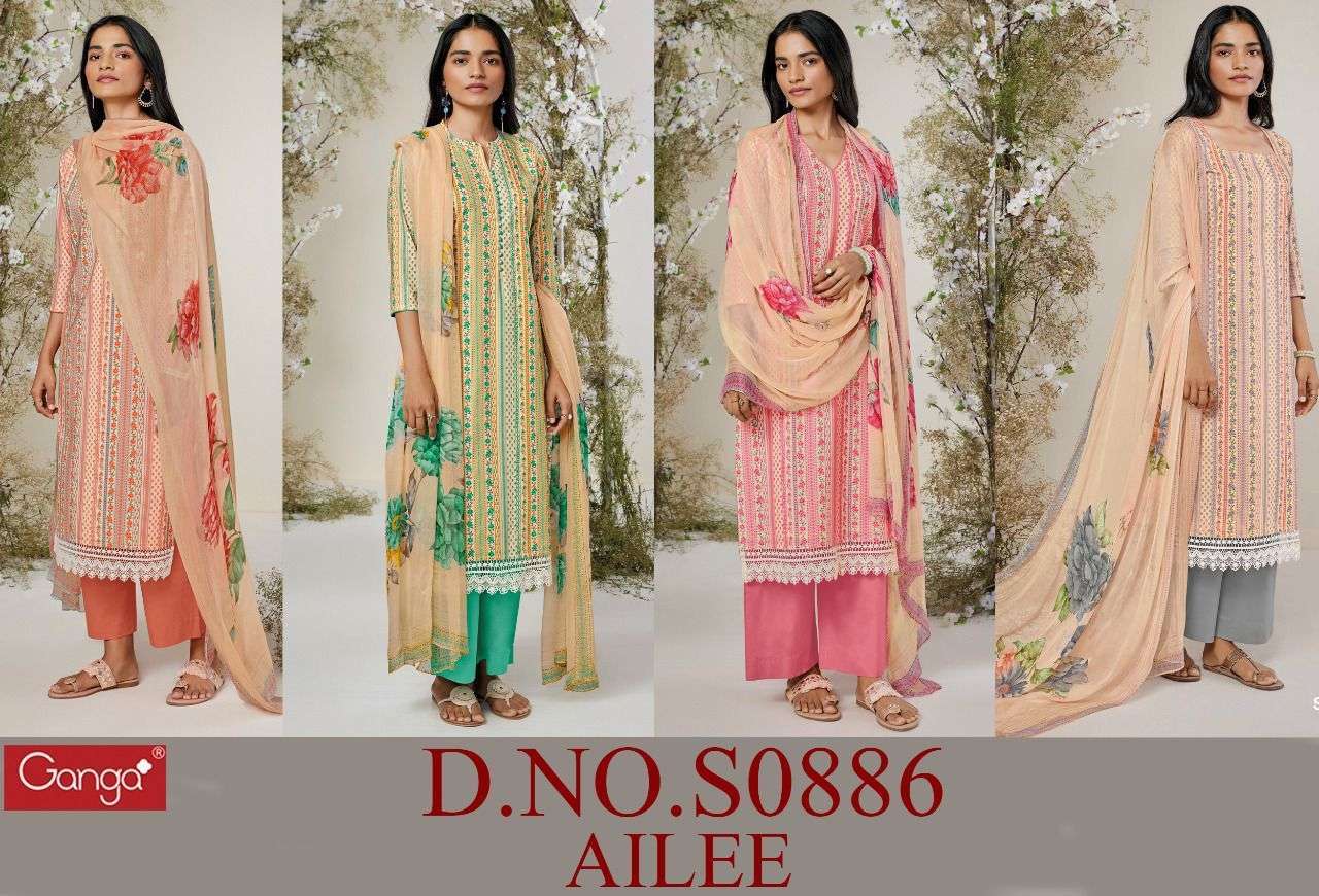 AILEE-886 BY GANGA FASHION 886-A TO 886-D SERIES BEAUTIFUL SUITS COLORFUL STYLISH FANCY CASUAL WEAR & ETHNIC WEAR COTTON PRINT DRESSES AT WHOLESALE PRICE