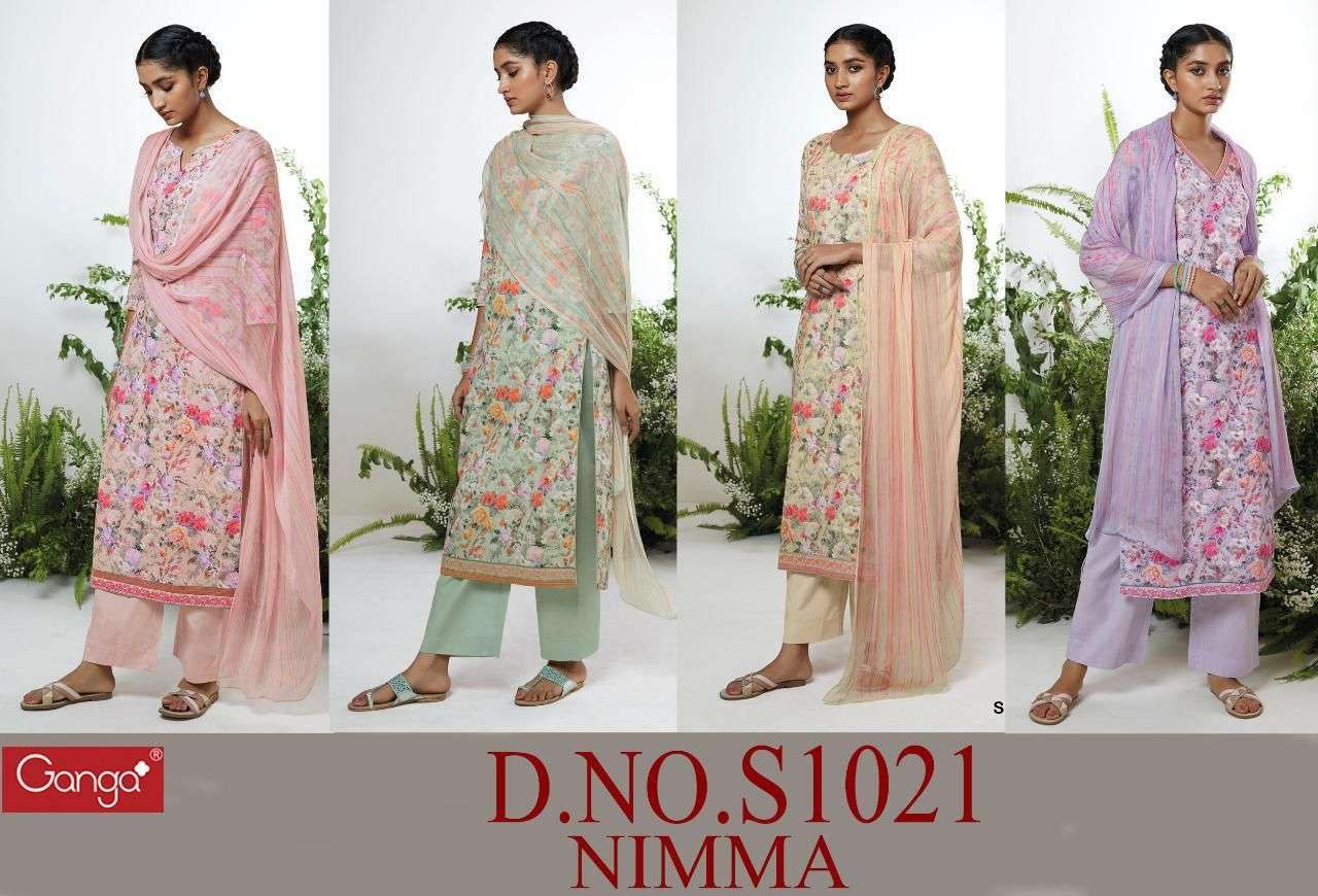 Nimma-1021 By Ganga Fashion 1021-A To 1021-D Series Beautiful Suits Colorful Stylish Fancy Casual Wear & Ethnic Wear Premium Cotton Linen Embroidery Work Dresses At Wholesale Price
