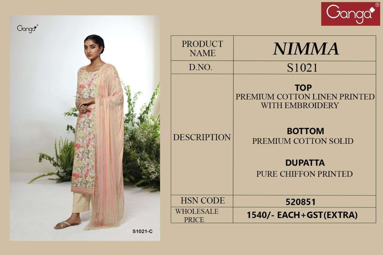 Nimma-1021 By Ganga Fashion 1021-A To 1021-D Series Beautiful Suits Colorful Stylish Fancy Casual Wear & Ethnic Wear Premium Cotton Linen Embroidery Work Dresses At Wholesale Price