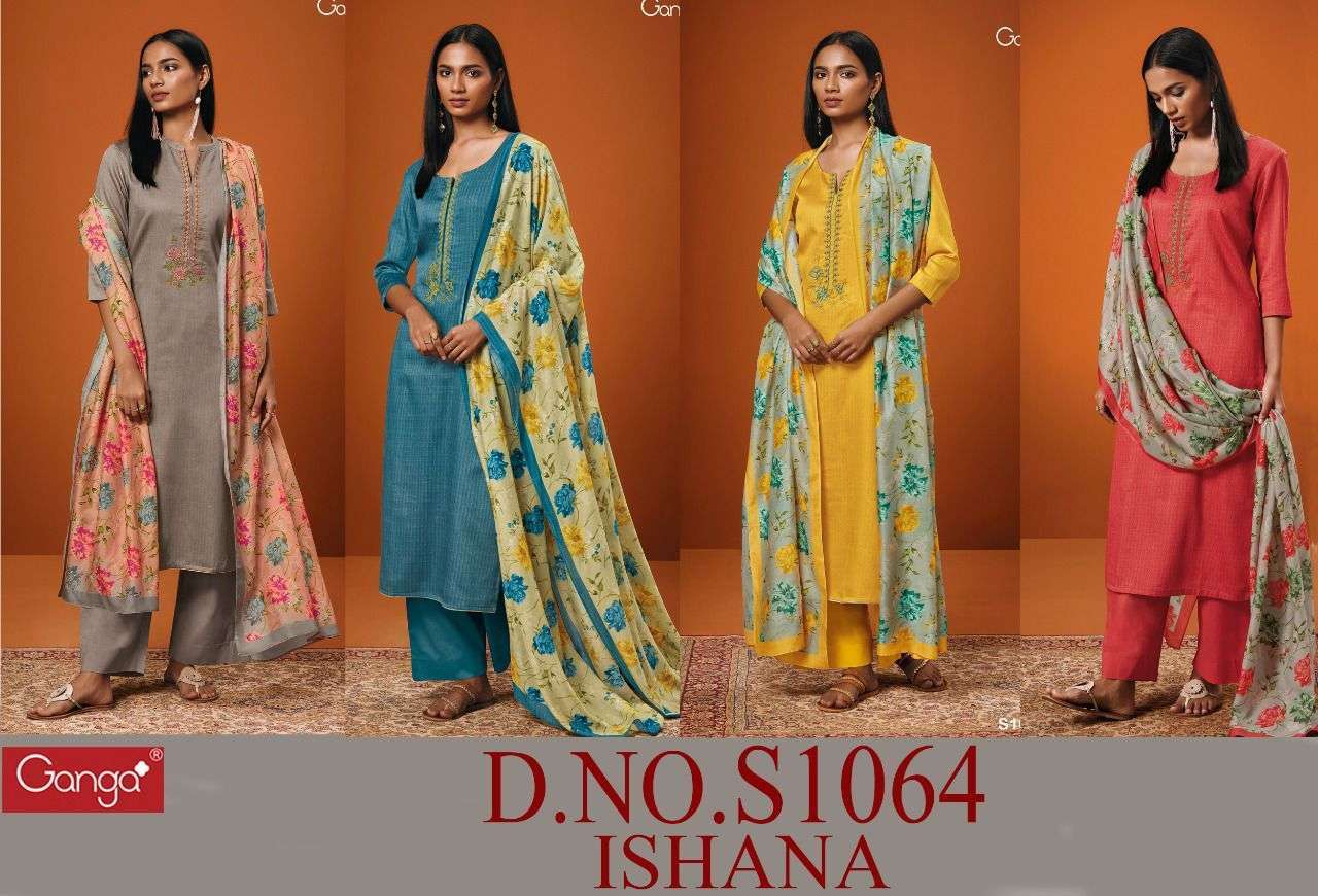Ishana-1064 By Ganga Fashion 1064-A To 1064-D Series Beautiful Suits Colorful Stylish Fancy Casual Wear & Ethnic Wear Cotton Satin Dresses At Wholesale Price