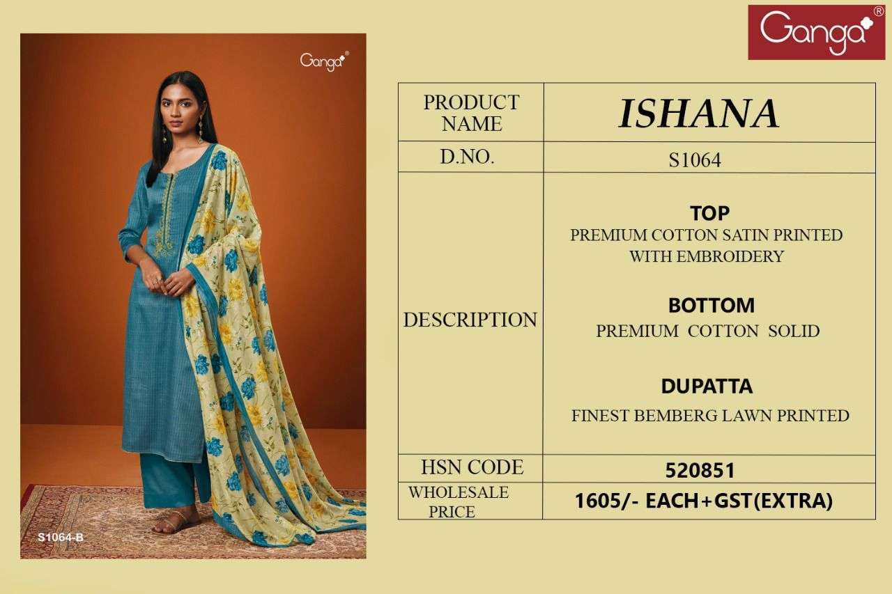 Ishana-1064 By Ganga Fashion 1064-A To 1064-D Series Beautiful Suits Colorful Stylish Fancy Casual Wear & Ethnic Wear Cotton Satin Dresses At Wholesale Price