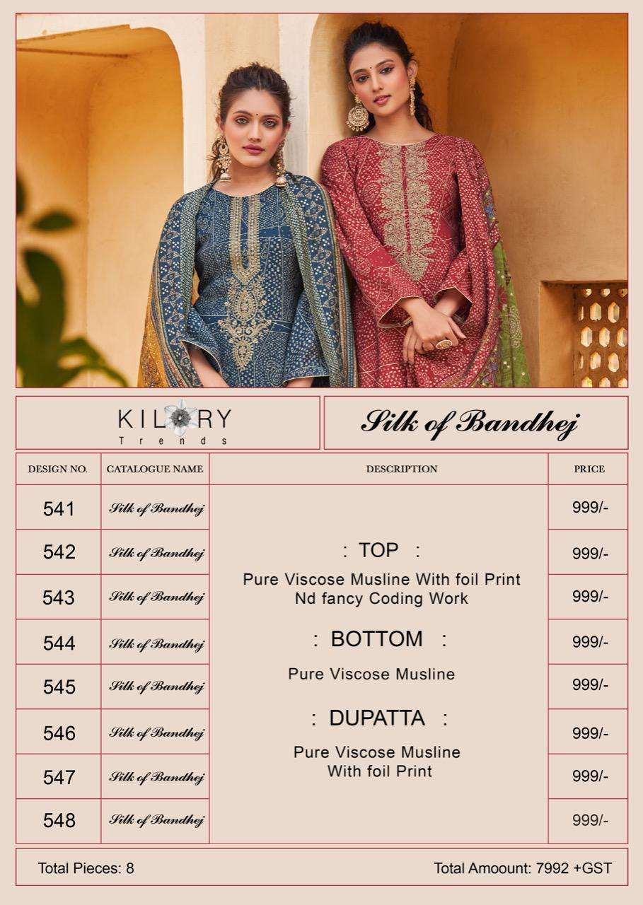 Silk Of Bandhej By Kilory 541 To 548 Series Beautiful Suits Colorful Stylish Fancy Casual Wear & Ethnic Wear Pure Viscose Muslin Dresses At Wholesale Price