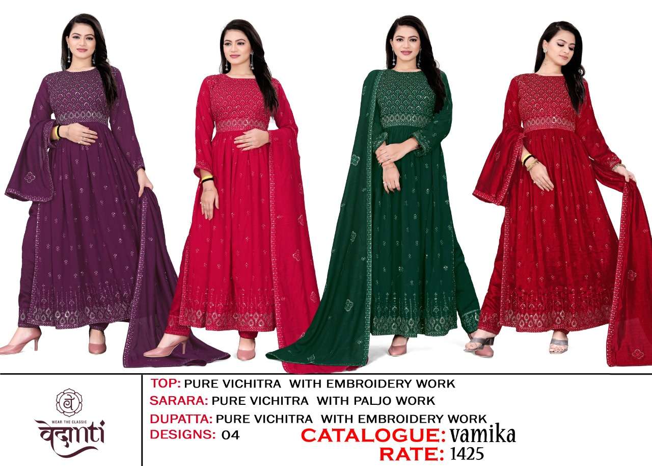 VAMIKA BY VEDANTI 6180-A TO 6180-D SERIES BEAUTIFUL STYLISH SUITS FANCY COLORFUL CASUAL WEAR & ETHNIC WEAR & READY TO WEAR PURE VICHITRA DRESSES AT WHOLESALE PRICE