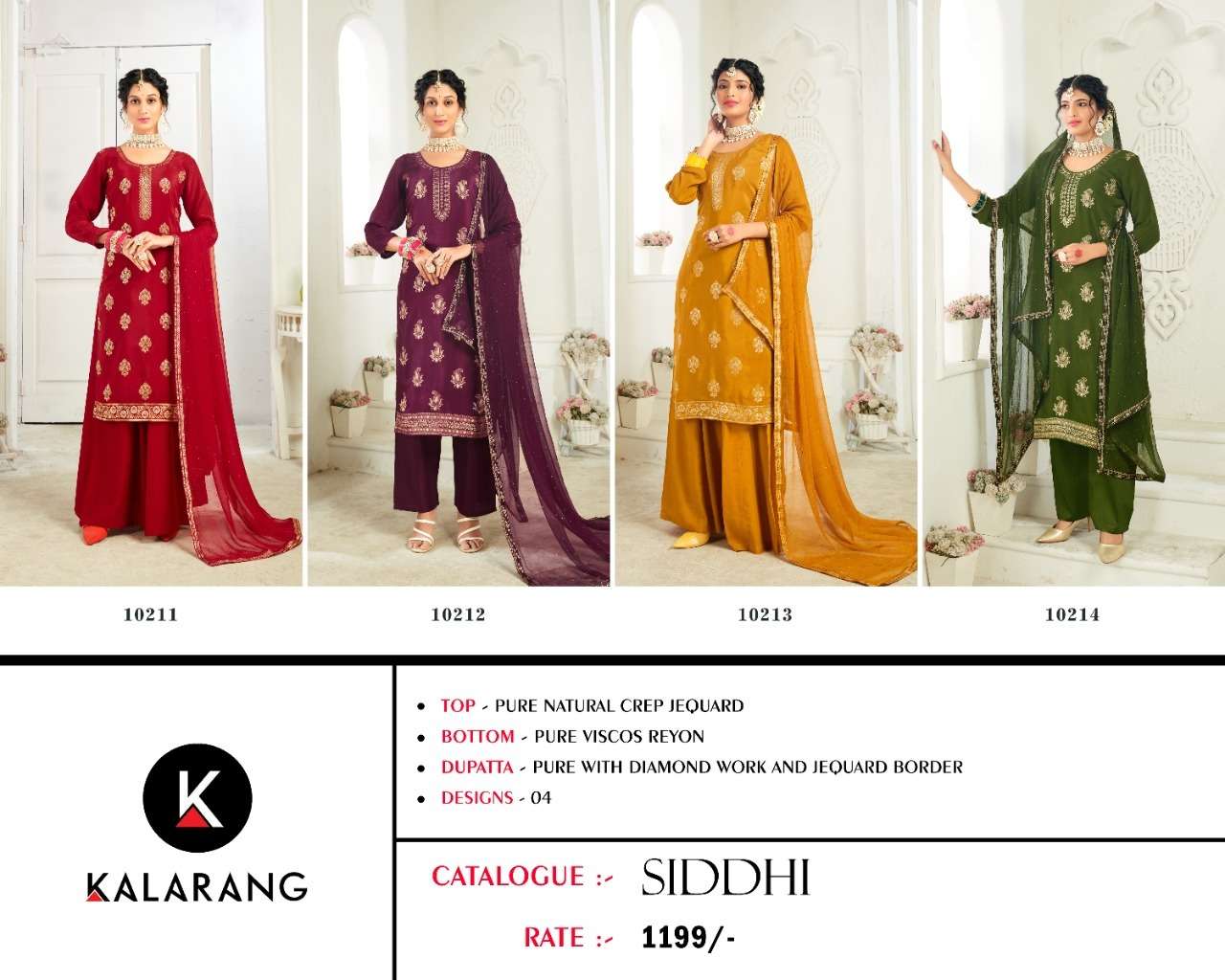 Siddhi By Kalarang 10211 To 10214 Series Designer Suits Beautiful Stylish Fancy Colorful Party Wear & Occasional Wear Pure Crepe Jacquard Dresses At Wholesale Price