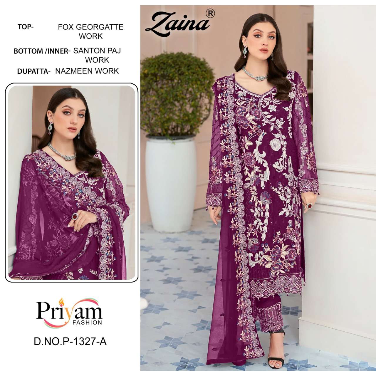 ZAINA-1327 BY PRIYAM 1327-A TO 1327-D SERIES DESIGNER PAKISTANI SUITS BEAUTIFUL STYLISH FANCY COLORFUL PARTY WEAR & OCCASIONAL WEAR FAUX GEORGETTE DRESSES AT WHOLESALE PRICE
