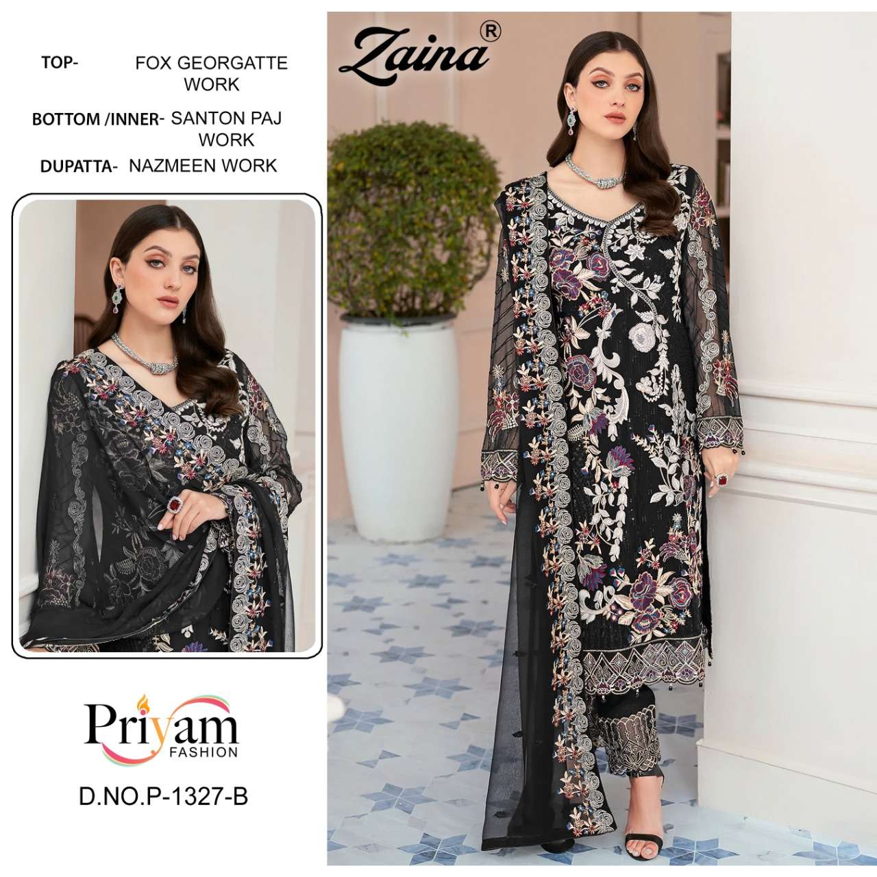 ZAINA-1327 BY PRIYAM 1327-A TO 1327-D SERIES DESIGNER PAKISTANI SUITS BEAUTIFUL STYLISH FANCY COLORFUL PARTY WEAR & OCCASIONAL WEAR FAUX GEORGETTE DRESSES AT WHOLESALE PRICE