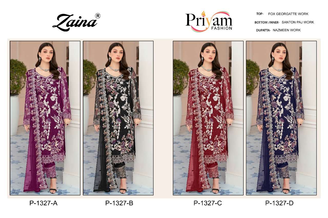 ZAINA-1327 BY PRIYAM 1327-A TO 1327-D SERIES DESIGNER PAKISTANI SUITS BEAUTIFUL STYLISH FANCY COLORFUL PARTY WEAR & OCCASIONAL WEAR FAUX GEORGETTE DRESSES AT WHOLESALE PRICE
