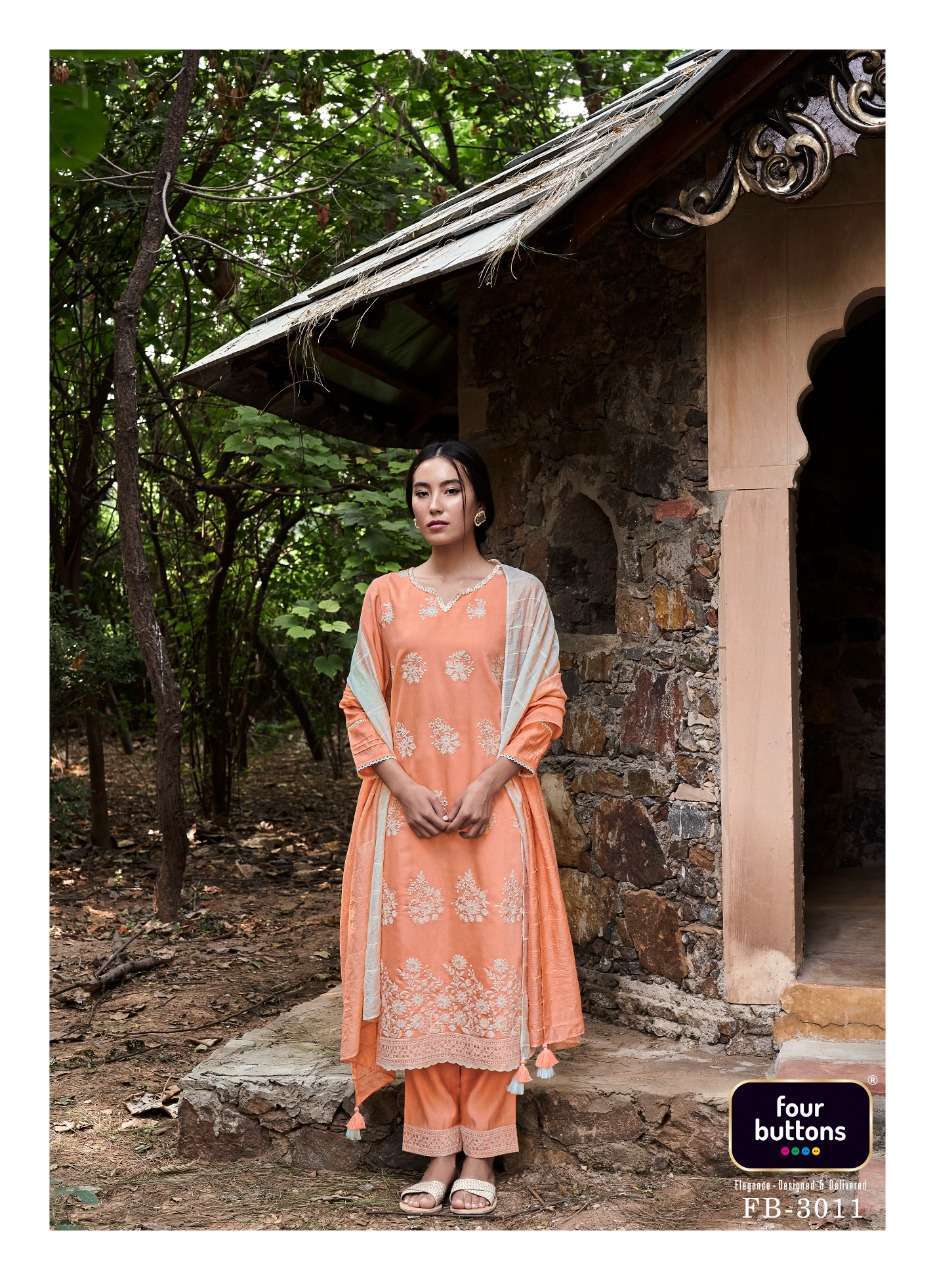QURBAT VOL-2 BY FOUR BUTTONS 3011 TO 3016 SERIES BEAUTIFUL SUITS COLORFUL STYLISH FANCY CASUAL WEAR & ETHNIC WEAR PURE MODAL SILK DRESSES AT WHOLESALE PRICE