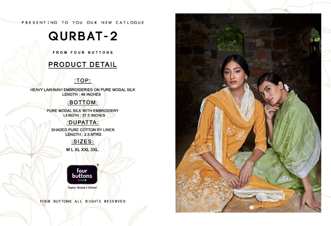 QURBAT VOL-2 BY FOUR BUTTONS 3011 TO 3016 SERIES BEAUTIFUL SUITS COLORFUL STYLISH FANCY CASUAL WEAR & ETHNIC WEAR PURE MODAL SILK DRESSES AT WHOLESALE PRICE