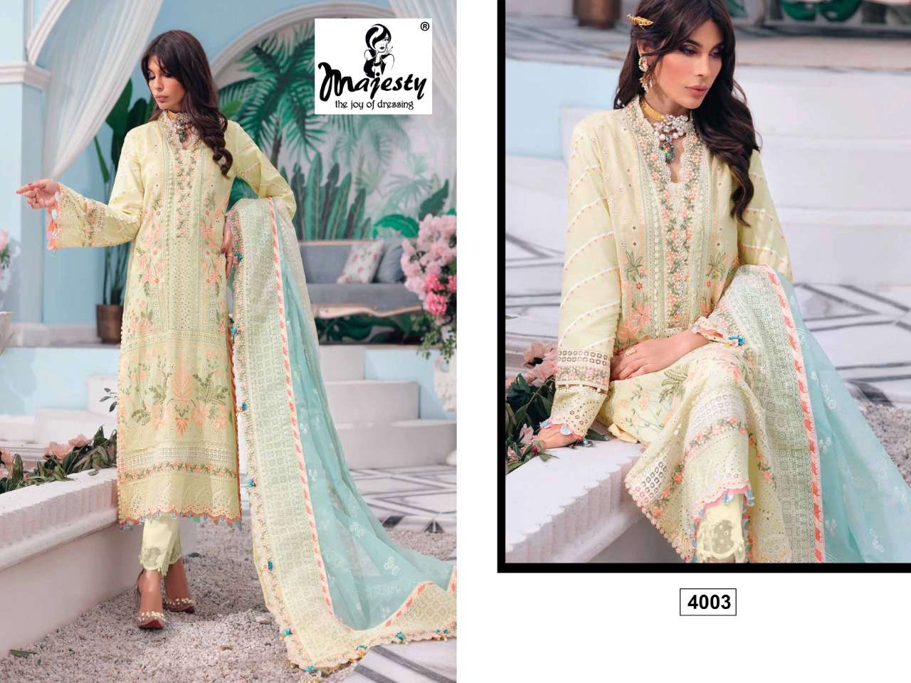 CHEVERON LAWN VOL-2 BY MAJESTY 4001 TO 4005 SERIES BEAUTIFUL PAKISTANI SUITS COLORFUL STYLISH FANCY CASUAL WEAR & ETHNIC WEAR PURE COTTON EMBROIDERED DRESSES AT WHOLESALE PRICE