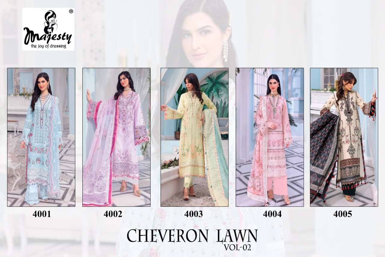 CHEVERON LAWN VOL-2 BY MAJESTY 4001 TO 4005 SERIES BEAUTIFUL PAKISTANI SUITS COLORFUL STYLISH FANCY CASUAL WEAR & ETHNIC WEAR PURE COTTON EMBROIDERED DRESSES AT WHOLESALE PRICE