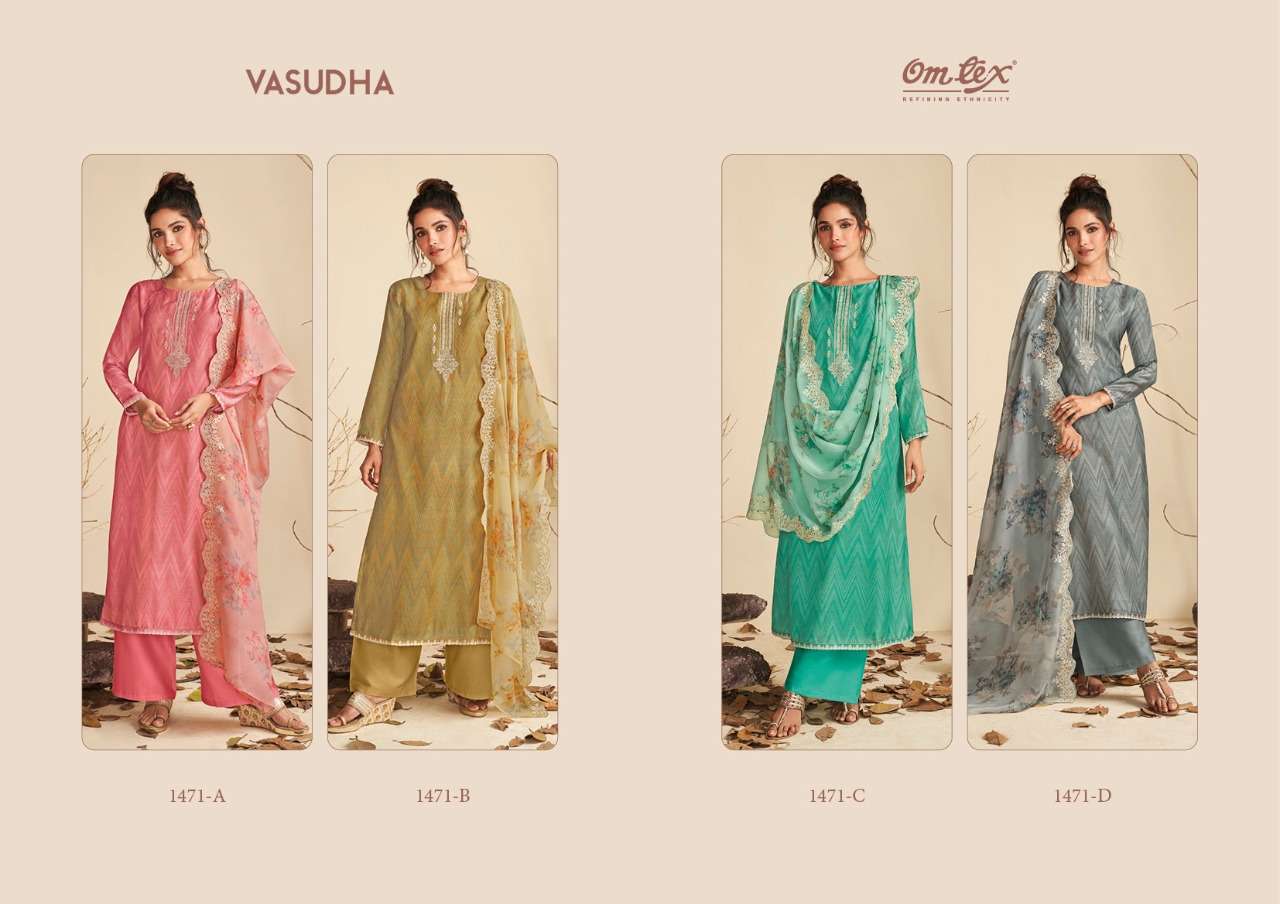 VASUDHA BY OM TEX 1471-A TO 1471-D SERIES INDIAN SUITS BEAUTIFUL FANCY COLORFUL STYLISH PARTY WEAR & OCCASIONAL WEAR MUSLIN DIGITAL PRINT DRESSES AT WHOLESALE PRICE