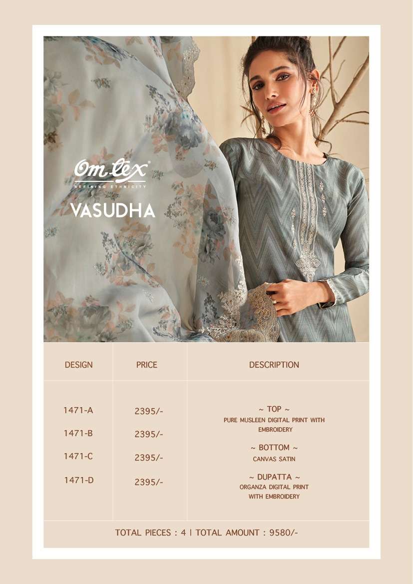 VASUDHA BY OM TEX 1471-A TO 1471-D SERIES INDIAN SUITS BEAUTIFUL FANCY COLORFUL STYLISH PARTY WEAR & OCCASIONAL WEAR MUSLIN DIGITAL PRINT DRESSES AT WHOLESALE PRICE