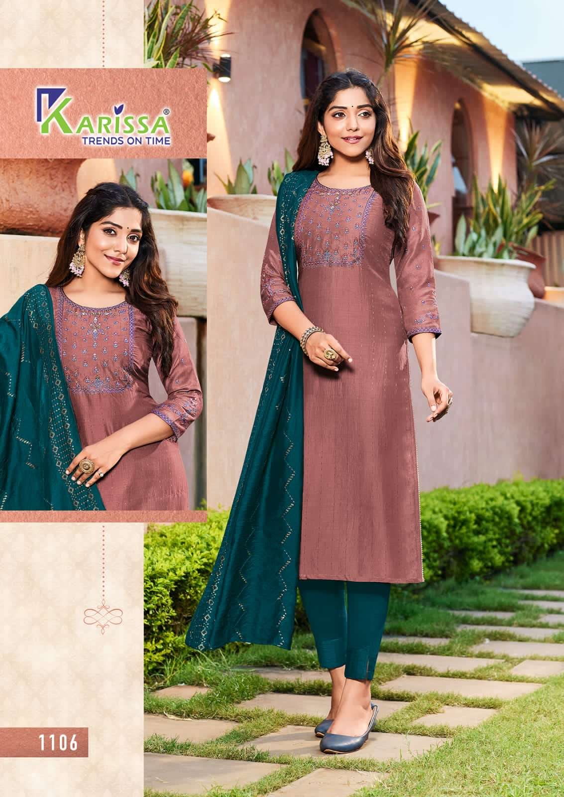 AKSHARA VOL-1 BY KARISSA 1101 TO 1106 SERIES INDIAN SUITS BEAUTIFUL FANCY COLORFUL STYLISH PARTY WEAR & OCCASIONAL WEAR VISCOSE CHINNON SILK DRESSES AT WHOLESALE PRICE