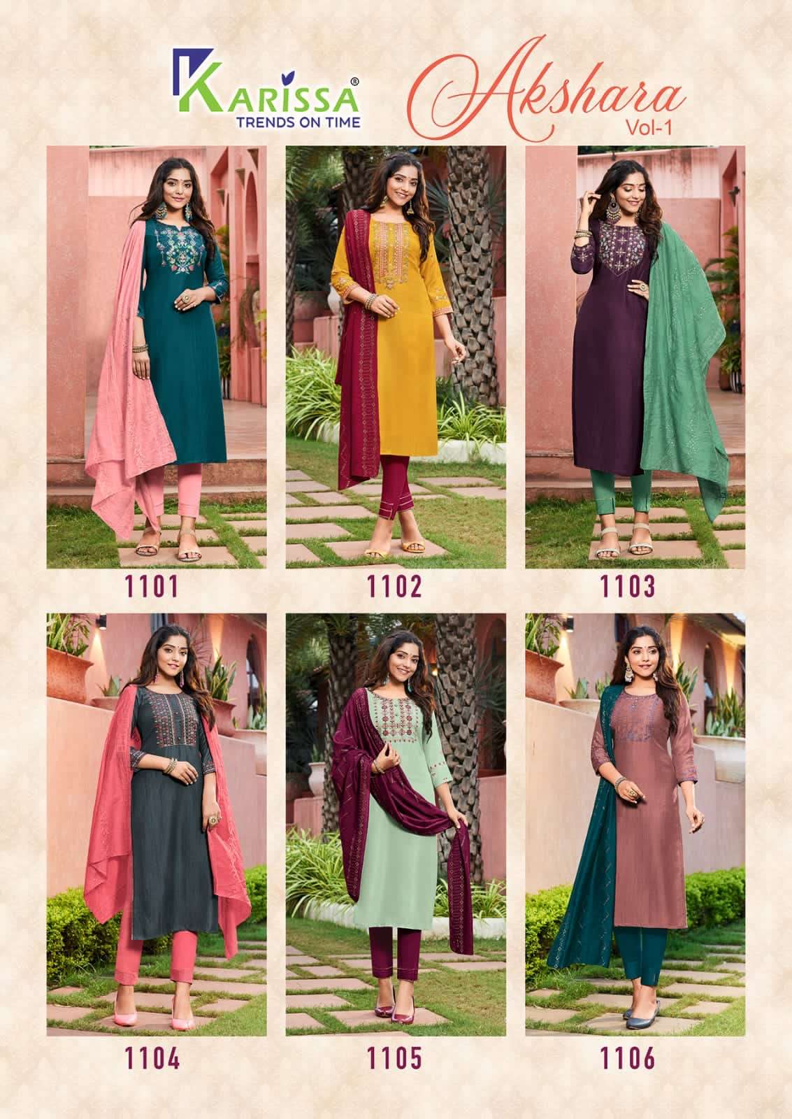 AKSHARA VOL-1 BY KARISSA 1101 TO 1106 SERIES INDIAN SUITS BEAUTIFUL FANCY COLORFUL STYLISH PARTY WEAR & OCCASIONAL WEAR VISCOSE CHINNON SILK DRESSES AT WHOLESALE PRICE